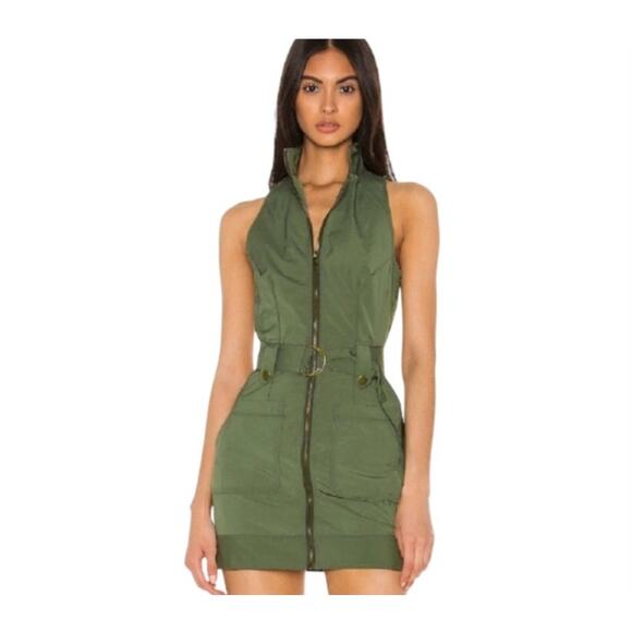Superdown Sofia Sleeveless Zipper Front Belted Mini Dress Army Green, S NWOT - Picture 1 of 10